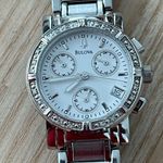 Bulova Diamonds Chronograph Ladies Watch White Dial Stainless Bracelet Date Photo 3