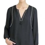J.Crew Tassel Trim Black Split V-neck Blouse Size 4 Photo 0