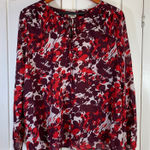 J.Crew  Womens L Tie Neck Blouse‎ Red Burgundy Abstract Print Office Church Photo 0