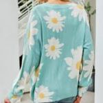 Miss Sparkling Aqua Blue & White Daisy Print Openwork Pull Over Sweater Size M Photo 15