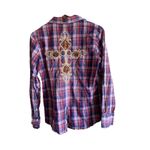 Roar‎ Distressed Western Shirt Size Large Embroidery Lace Rhinestones Plaid Red Photo 1
