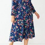 Croft & Barrow 3X Midi Dress Floral Belted Blue Stretch Work Boho V-neck New Photo 0