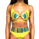 size large Ethnic Print bikini top Neon Yellow contrast blue cactus bandage Photo 0
