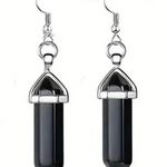 Obsidian Black Natural Stone Gemstone Handmade Hexagon Point Dangle Earrings Photo 0