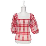Ganni Plaid Print Square Neckline Smocked Top Blouse Balloon Sleeve No size tag Photo 3