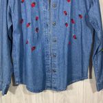Mary Jane Lady Bug Beetle Embroidered Button Down Chambray Overshirt sz S Small Blue Photo 3