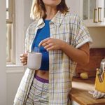 Anthropologie NWT By  Short-Sleeve Pajama Style Top Cotton Plaid Button Down XS Photo 0