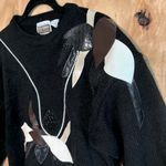 Vintage 80s Anytime Glitz Leather Floral Embellished Black Sweater Medium Photo 3