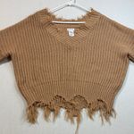 Main Strip  Tan V-Neck Sweater with Frayed Hem Photo 2