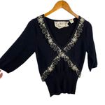 Anthropologie Field & Flower Black Knit Granny Sweater 3/4 Sleeves Lace Detail S Photo 2