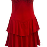 None VTG 70s Red Tiered Ruched Bodice Spaghetti Strap Ruffle Dress Union USA Made XS Photo 0