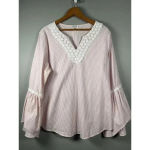 Spence Pink White Striped Top 3/4 Sleeve Floral Lace‎ Embellished Blouse Size L Size L Photo 1