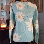 Miss Sparkling Aqua Blue & White Daisy Print Openwork Pull Over Sweater Size M Photo 6