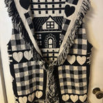 Y2K Folk Farmhouse Woven Checks Sheep Hearts Fringe Open Front Boho Cottagecore Black Size L Photo 0