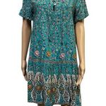 Sunday Up Teal Floral Short Sleeve Half Button Tie Neckline Dress Womens Medium Blue Photo 0
