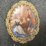 Vintage Gold Tone Lovers Hand Painted Ceramic Victorian Oval Brooch Pin Photo 0