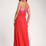 Lulus Bright Side Coral Red Color Block Maxi Dress Size Small Photo 1