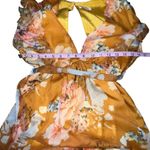 Luxxel  Maxi Dress Plunging Neckline Cap Ruffle Sleeves Yellow Gold Floral Size S Photo 6