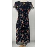 Vintage 90s Floral Print Midi Dress Crepe Empire Tie Waist V Neck Black Pink M Size M Photo 7