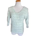 Willow & Clay Womens  Mint & Silver Metallic Striped Fuzzy V Neck Sweater - Sz M Photo 2