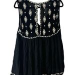 Free People Relaxed Boho Tank Black White Embroidered Top Keyhole Back M Photo 5