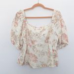 H&M Womens Top Size M Beige Pink Linen Floral Puff Sleeve Cottage Milkmaid Coquette Photo 1