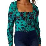 Free People  Hilary Floral Printed Low Square Back Top Teal M Photo 0
