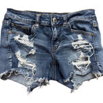 American Eagle Women's Blue Distressed Super Stretch Midi Jean Shorts Size 4 Photo 0