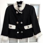 Per Se  Black Wool Double Breasted Jacket with Cream Trim Frayed Size 4 Small S Photo 0
