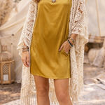 Free People  Gold Satin Cowl‎ Neck Open Back Tie Mini Dress Size M Photo 0