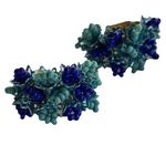 Vintage Blue Two Tone Stamped Hong Kong Beaded Cluster Clip On Earrings 1" Photo 0