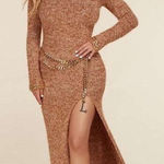 L'ATISTE L’ATISTE Gold Trim Off-Shoulder Knit Maxi Dress Brown Size Medium Photo 0