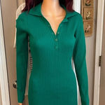 Love Tree  bodycon green ribbed long sleeve collared 1/4 button sweater dress. L. Photo 0