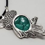 Owl Pendant Necklace w/ Teal Green Resin Body & Bronze Eyes Photo 4