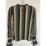 Haute Monde Women's Blouse Puff Long Sleeve Smocked Cuff Pinstripes Green Small Photo 1