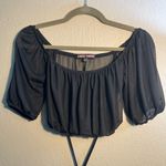 Almost Famous Black Crop Blouse with Puff Sleeves and Tie Front SZ S Wide Neck Photo 0