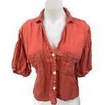 ZARA  Orange Linen Short Puff Sleeve Button Collar Blouse Shirt Crop Top Size L Photo 0