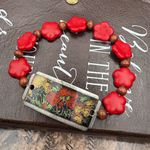 Handmade  Red Daisy Floral Stretch Bracelet • Vintage Parts Boho Retro Photo 0