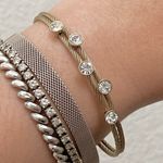 Fossil Goldtone Stainless Steel Cable Wire CZ Cubic Zirconia Push Lock Bracelet Photo 2