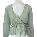 Lulus Green Long Sleeve Embellished Faux Wrap V Neck Peplum Blouse Top Size M Photo 0