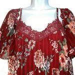 Flying Tomato Off Shoulder Pleated Crochet Trim Burgundy Floral Dress EUC S Photo 2