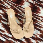 XOXO Beige Cream Tan Slip On Faux Leather Thong Sandal Kitten Heels Square Toe Mules Pumps Classy Chic Sz 8M Photo 3