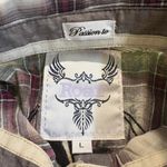 Roar‎ Women's Large Western Plaid Embroidery Long Sleeve Button Up Sheer Purple Photo 5