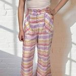 True Vintage 60s 70s Seersucker Plaid High Waisted Wide Leg Bellbottom Pants Pink Size XS Photo 0