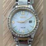 Seiko Solar Swarovski Crystals Ladies Watch Pearl Dial Two-Tone Bracelet Date Photo 1