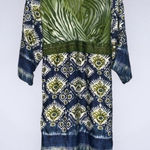 Avenue  Green & Blue Floral Satin V Neck 3/4 Sleeve Tie Back Knee Length Dress 20 Photo 0