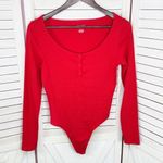 PINK - Victoria's Secret Pink by Victoria’s Secret Ribbed Henley Bodysuit Red Medium Long Sleeve Thong Photo 8