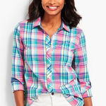 Talbots  Pink Blue White Plaid Cotton Classic Casual Button Up Shirt Size 1X Photo 0