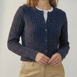 LL Bean Navy Blue Cable Knit Crew Neck Button Cotton Cardigan Sweater Size XL Photo 0