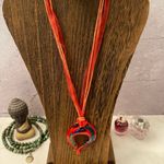 Red Ribbon Multi Strand Necklace Red Blue Gold Swirl Art Glass Photo 0